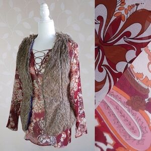 Vintage 90s Silk Retro Paisley Print Sheer Lace Up Tunic Top Red Orange XS